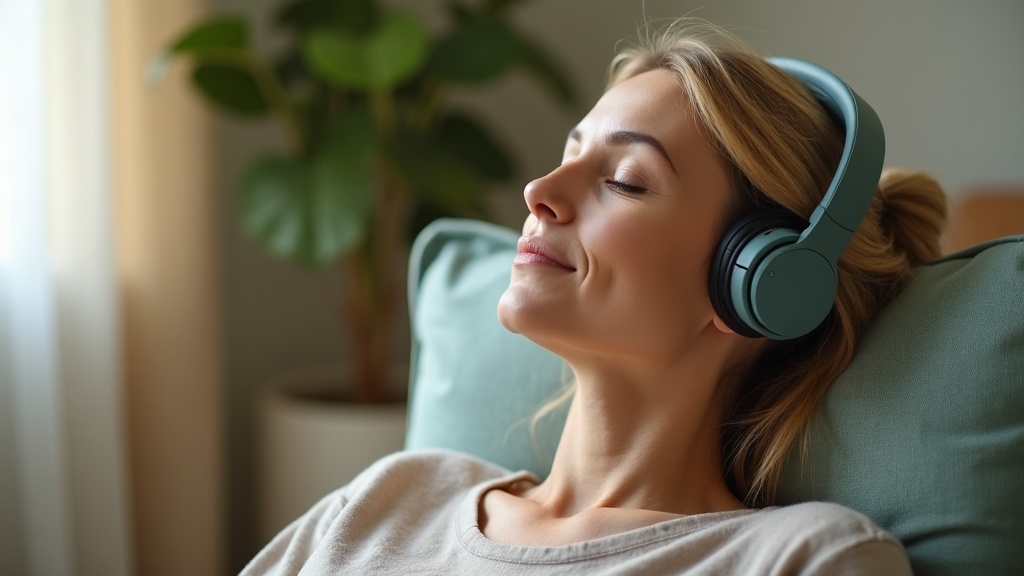 Comment se déroule une séance de neurofeedback NeurOptimal® ? Personne détendue avec un casque audio lors d'une séance de neurofeedback dynamique NeurOptimal dans un cabinet apaisant à Tresses près de Bordeaux
