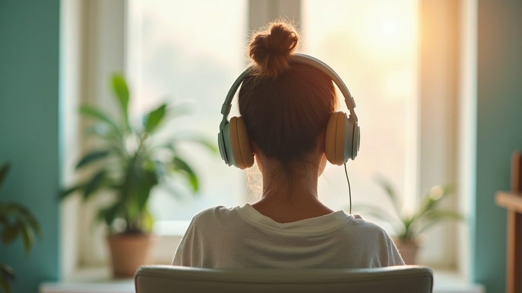 Le neurofeedback pour les enfants et les adolescents : concentration, agitation et confiance Adolescent de dos avec un casque audio dans une ambiance douce et lumineuse, accompagnement en neurofeedback dynamique des jeunes au cabinet de Tresses près de Bordeaux